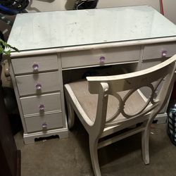 White Desk with Chair And Glass Top