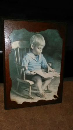 Vintage Wooden Picture* little boy reading