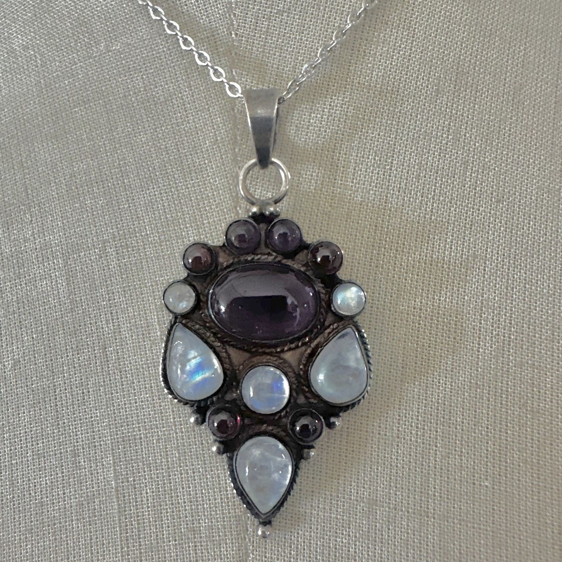 Sterling Silver Amethyst, Garnet & Moonstone Pendant Necklace