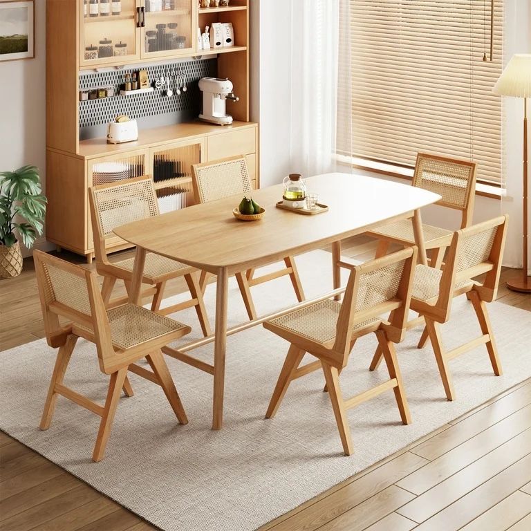 Rattan Wood Chairs Set of 6,Accent Chairs with wood Legs,Mid