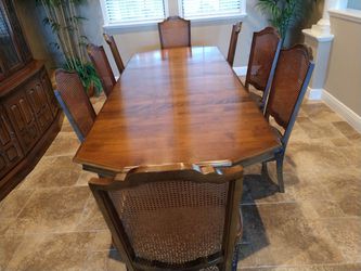 Ethan Allen dinning room table and chairs and China hutch and serving cart
