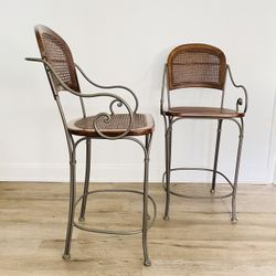Vintage Drexel Heritage Cane & Metal Bar Stools- a Pair Antique retro industrial oak wood