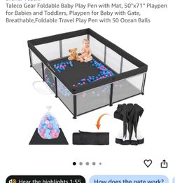 Foldable Baby Play Pen with Mat, 50''x71'' Playpen for Babies and Toddlers, Playpen for Baby with Gate, Breathable,Foldable Travel Play Pen with 50 Oc