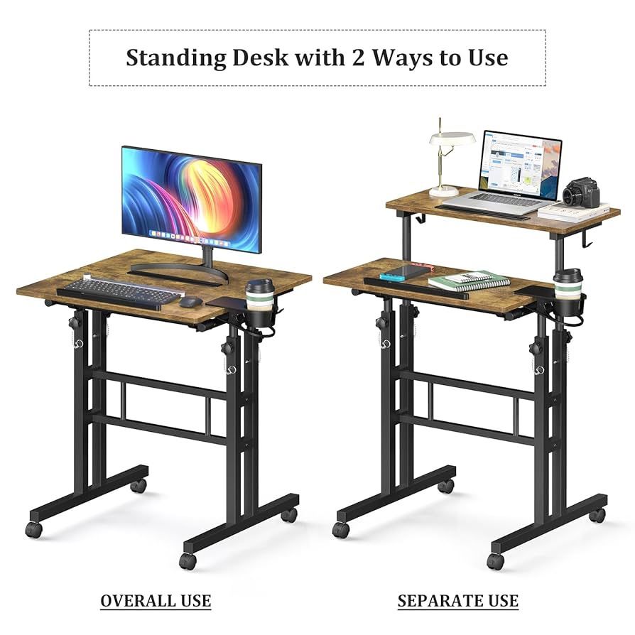 Small Standing Desk with Wheels, Mobile Stand Up Desk, Portable Standing Table on Wheels for Walking Pad, Rolling Computer Desk Adjustable Height, Tal