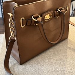 Brown and Gold Leather Michael Kors Purse with Handles and Strap