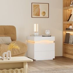  Nightstand with Wireless Charging Station, LED Light and 2 Drawers