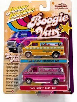 Johnny Lightning 1:64 Scale Diecast Boogie Vans - 1976 Dodge Tradesman Van & 1975 Chevy G20 Van