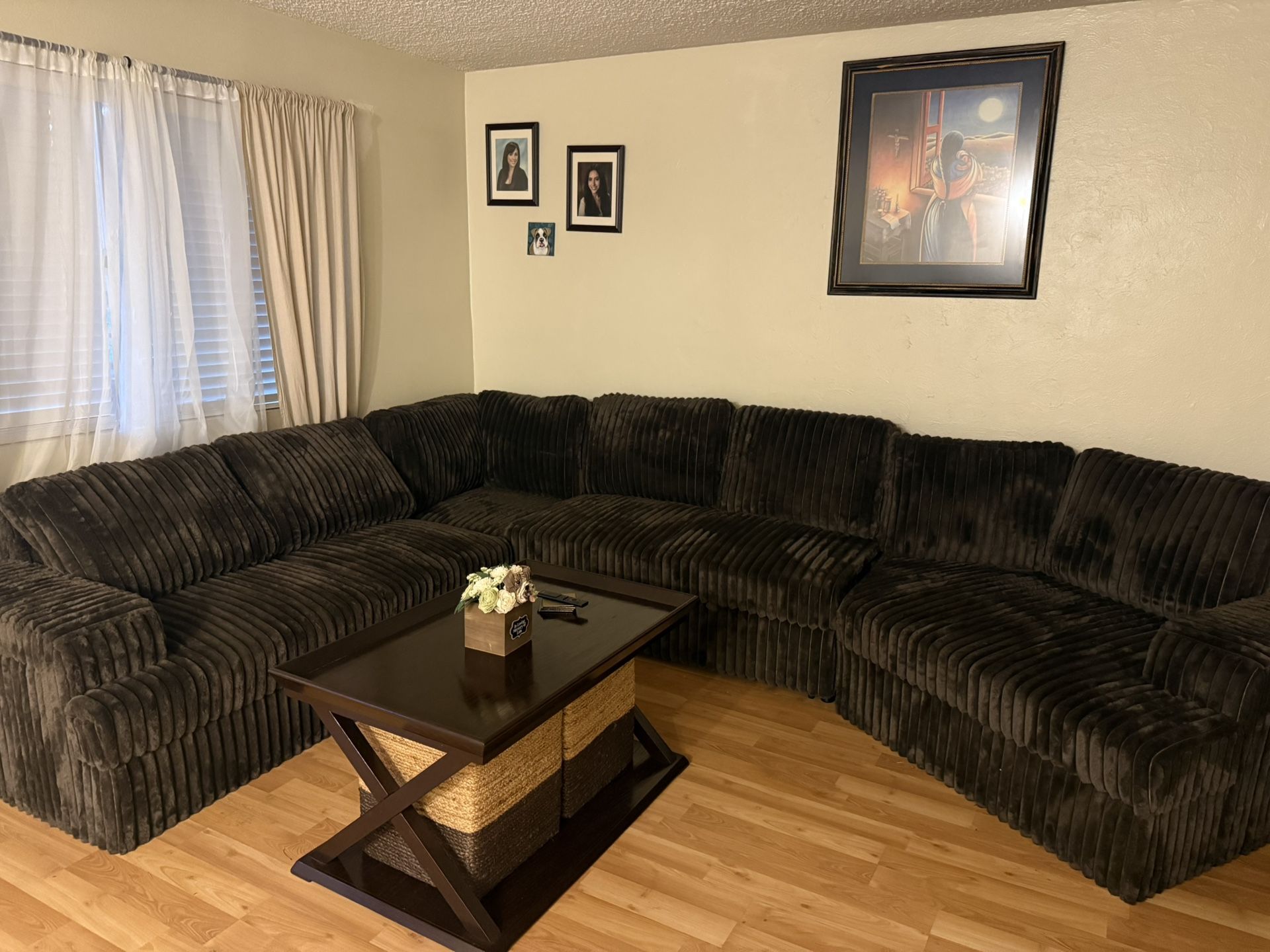 New Corduroy Sectional W Pullout Bed/Storage Arms. 100”x 164”x37”H. Free Delivery