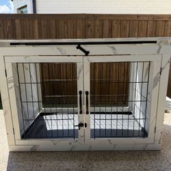 Dog crate (Piskyet Wooden Dog Crate Furniture with 360°Rotatable Removable Dog Bowls, Dog Crate End Table with Tray, Double Doors Dog Kennels for Dogs