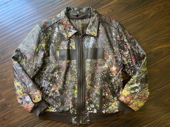 Vintage Korean Leather Paint-Splatter Bomber Jacket, Men’s L/XL