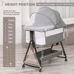 Baby Bassinet Bedside Sleeper for Baby, 7 Height Adjustment Bedside Bassinet for Newborn, Sturdy Bassinets Co-Sleeper with Wheels and Soft Mattress