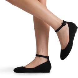 Ballet Low Wedge Round Toe Ankle Strap Flats