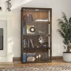Brown Display Cabinet with Glass Door LED Lights and Magnetic Doors Storage Cabinet Figure Display Cabinet