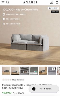 Modular Washable 2-Seater in Ash | Deluxe+ Seat | Cloud Pillow