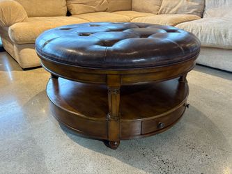 Round Brown Storage Ottoman with 2-Drawers