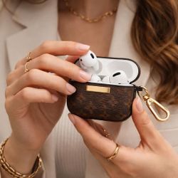 Luxury Inspired Brown Checkered AirPods Pro Case with Gold Detail – Compatible with Pro 3