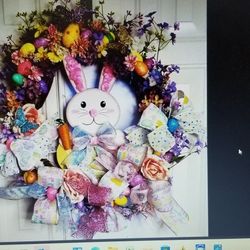 Easter Spring 30" GrapeVine Wrearh Eggs, Flowers, Butterflies & Big Bunny W/Carrot