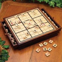 BRAND-NEW BITS & PIECES WOODEN SUDOKU GAME WITH WOOD TILES &  STORAGE DRAWERS, MAHOGANY & OAK COMPLETE GAME.