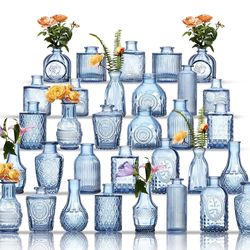 Glass Vases Set Of 32 - Blue Assorted Small Mini Glass Vases For Flowers, Crystal Vintage Vase Set, Bulk Centerpieces For Table Décor, Wedding, Home A