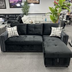 Black Velvet Sofa Sectional w/ Pull- Out Sleeper & Storage In Chaise 