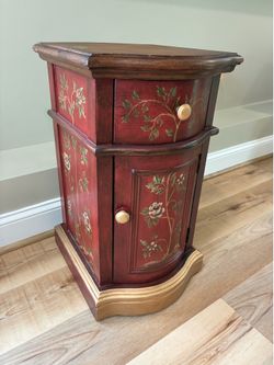 Refurbished Vintage Hand-Painted Accent Table / Nightstand – One of a Kind Botanical Cabinet