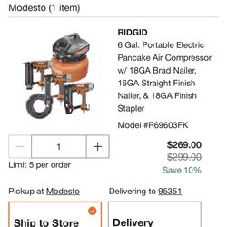 RIDGID 6 Gal. Portable Electric Pancake Air Compressor w/ 18GA Brad Nailer, 16GA Straight Finish Nailer, & 18GA Finish Stapler