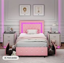 Twin Bed Frame with LED Lights and Drawers