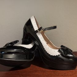  Black and White Mary Jane Heels with Bow