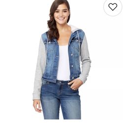 Juniors' Wallflower Dreamer Knit-Sleeve Hooded Jean Jacket size small