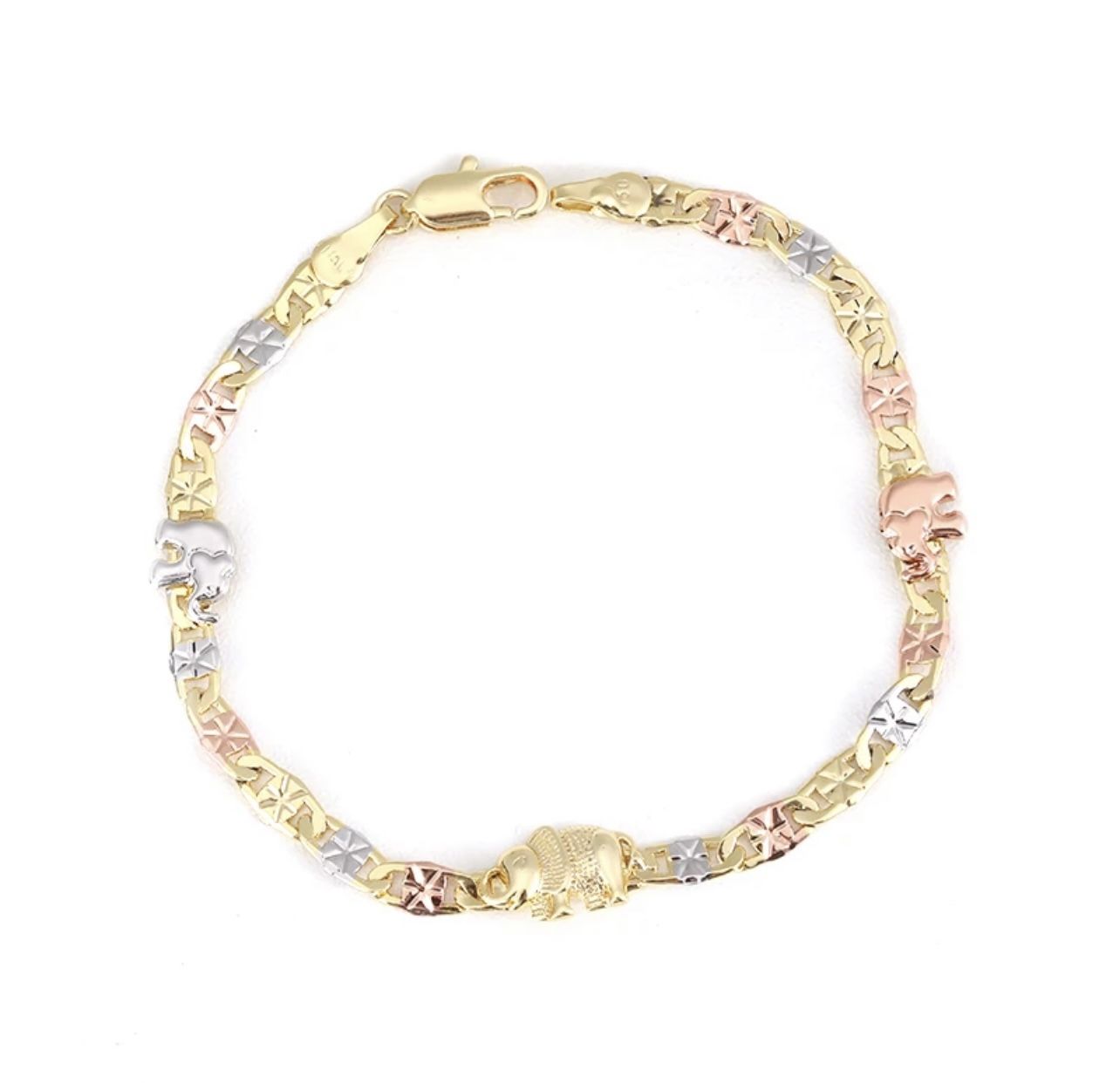 Bracelet Elephants Gold Plated Tricolor 7.2 Inches