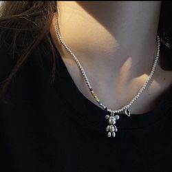 Silver Bear Green CZ Colorful Beads Charm Bracelet 