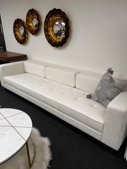 White Tufted Mid-Century Modern Sofa
