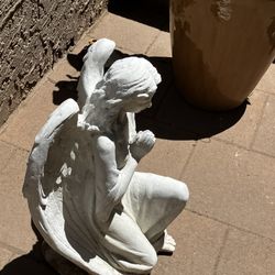 2 Ceramic Garden Decorations One Angle And One Fairy And Large Terra Cotta Glazed Brown Earth Tone Pot