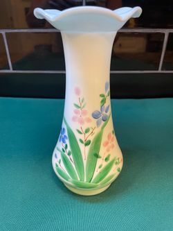 Pretty milk glass hand painted vase with bright vibrant colors and ruffled top