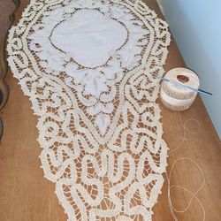 CROCHET & HAND EMBROIDERED ITALIAN LINEN DIAMOND SHAPED TABLE SCARF CUSTOM MADE “ NOT SOLD IN STORES “ 47 Inches Long by 19 Inches Wide