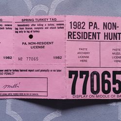 PA Non Resident Hunting Liscense 1982