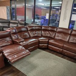 New Top Grain Leather Sectional Sofa With Three Power Recliners And Three Power Headrests 