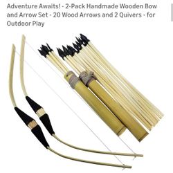 2-Pack Handmade Wooden Bow and Arrow Set - 20 Wood Arrows and 2 Quivers - for Outdoor Play