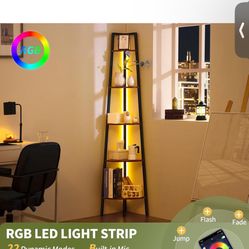 Corner Shelf Stand, 5-Tier Bookshelf with LED Lights & Steel Frame, Tall Storage Shelves for Living Room, Bedroom, Office, Multi-Purpose Display Bookc