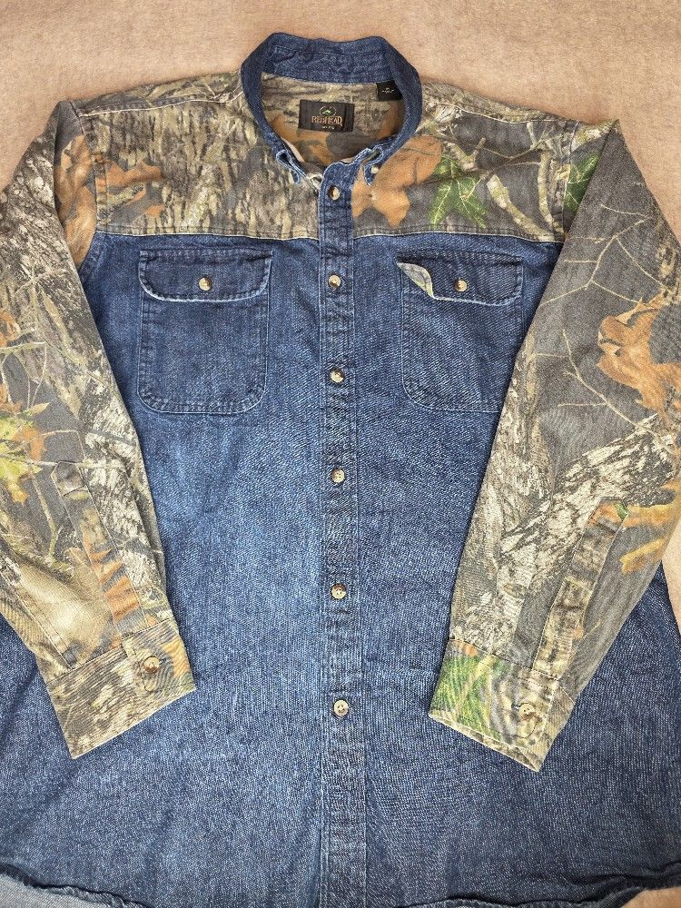 RedHead Shirt Men's Blue Jean Denim Long Sleeve Camo ButtonUp Collared XL Shirt