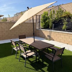 7 Piece Outdoor Dining Table, Picnic Table, Dark Brown Wood 