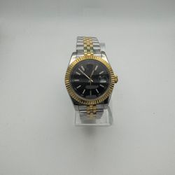Two-Tone Watch with Black Dial and Gold Bezel