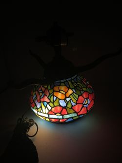 Tiffany style stained glass mushroom-shaped table lamp base with a bronze finish