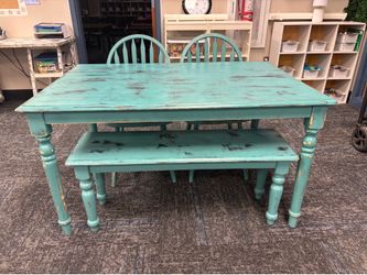 Refinished table with two chairs and a bench!