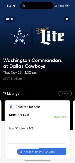 (2) Awesome 3rd Row Dallas Cowboys Vs Washington Commanders Tickets Sec 149 Aisle Seats $420 Each