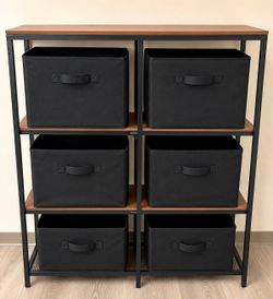 Pottery Barn 6-Cube Storage Organizer w/ Fabric Bins – Black & Wood Finish