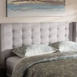 Modern And Contemporary Fabric Button-Tufted Nail head Queen Size Winged Headboard - Greyish Beige