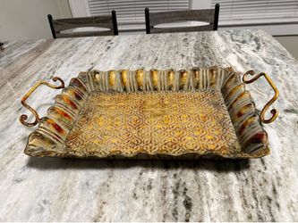 17” Decorative Metal Serving Tray w/ Scroll Handles