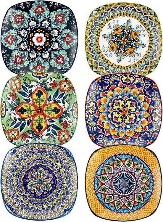 HENXFEN LEAD Appetizer Plate Set of 6, 7.3 Inch Ceramic Dessert Plate, Square Salad Plate, Colorful Small Plate, Suitable for Kitchen, Snacks, Cakes,