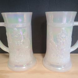 Pair Of Vintage 1950s Federal Glass Irradesant Milk Glass Mugs 